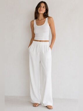 H&M Linen Blend White Wide Leg Pants Elastic Waist Size L